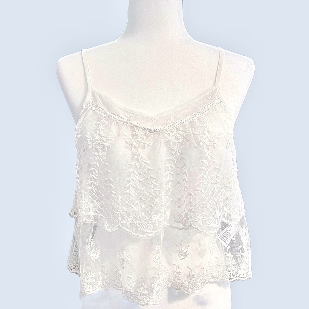 American Eagle Floral Embroidered White Lace 2 Tiered Crop Tank Top XS -S